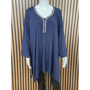 Catherine's Top Blouse Tunic Stretch Handkerchief Hem 2X Blue Polka Dot